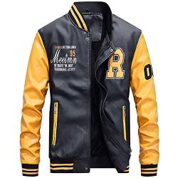 Uni-Wert Herren Bomberjacke Pu Leder Fliegerjacke Stehkragen Collegejacke Reißverschluss Übergangsjacke Casual Baseball Jacken Mantel Gelb S von Uni-Wert