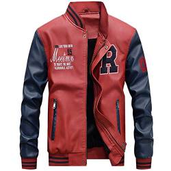 Uni-Wert Herren Bomberjacke Pu Leder Fliegerjacke Stehkragen Collegejacke Reißverschluss Übergangsjacke Casual Baseball Jacken Mantel Rot S von Uni-Wert