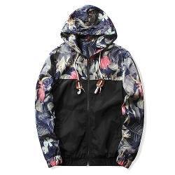 Uni-Wert Unisex Blumenjacke Windbreaker Coole Jacke mit Kapuze Damen Herren Reißverschluss Übergangsjacke Patchwork Streetwear Windjacke Mantel Outerwear Kurzjacke Schwarz L von Uni-Wert