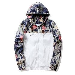 Uni-Wert Unisex Windbreaker Coole Jacke mit Kapuze Damen Herren Reißverschluss Übergangsjacke Blumen Drucken Patchwork Streetwear Windjacke Mantel Outerwear Kurze Jacke Weiß M von Uni-Wert