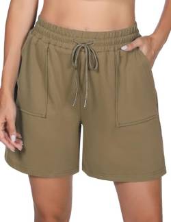 Uniexcosm Kurze Sportshorts Damen Sporthose High Waist Shorts Damen Sommer Shorty mit Taschen und Kordelzug Freizeitshorts für Running Gym Fitness Khaki S von Uniexcosm