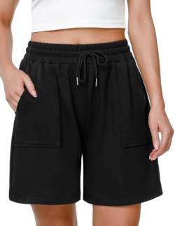 Uniexcosm Kurze Sportshorts Damen Sporthose High Waist Shorts Damen Sommer Shorty mit Taschen und Kordelzug Freizeitshorts für Running Gym Fitness Schwarz XXL von Uniexcosm