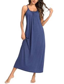 Uniexcosm Nachthemd Damen Ärmelloses Lang Baumwolle Sexy Nachtkleid Rundhals Spaghettiträger Negligee Nachtwäsche rutschfeste Schultergurte Freizeitkleid Sleepwear Marineblau-1 L von Uniexcosm