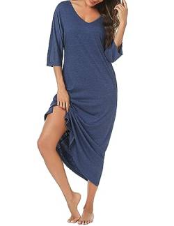 Uniexcosm Nachthemd Damen Lange Baumwolle 3/4 Ärmel Nachtkleid Nachtwäsche V-Ausschnitt Freizeitkleid Loose Fit Sleepshirt Sleepwear mit Taschen E: Blau L von Uniexcosm