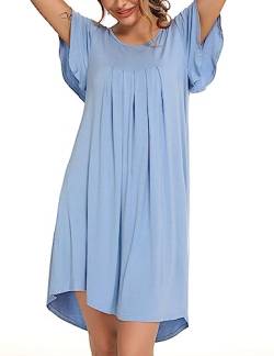 Uniexcosm Nachthemd Damen Rundhals Rüschen Sleepshirt Kurzarm Nachtwäsche Loose Fit Nachtkleid Baumwolle Plissee Sleepwear Hellblau XXL von Uniexcosm