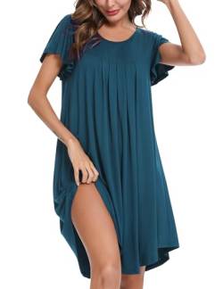 Uniexcosm Nachthemd Damen Rundhals Rüschen Sleepshirt Kurzarm Nachtwäsche Loose Fit Nachtkleid Baumwolle Plissee Sleepwear Kobaltblau S von Uniexcosm