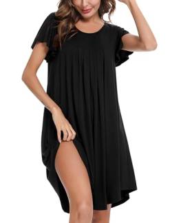 Uniexcosm Nachthemd Damen Rundhals Rüschen Sleepshirt Kurzarm Nachtwäsche Loose Fit Nachtkleid Baumwolle Plissee Sleepwear Schwarz L von Uniexcosm