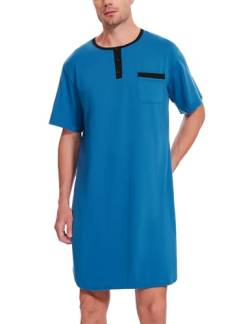 Uniexcosm Nachthemd Herren Kurzarm Schlafshirt Rundhals Einteiliger Schlafanzugoberteile Pyjama Tops Bequem Nachtwäsche Sleepshirt mit Knopfleiste und Brusttasche Blau M von Uniexcosm