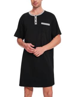 Uniexcosm Nachthemd Herren Kurzarm Schlafshirt Rundhals Einteiliger Schlafanzugoberteile Pyjama Tops Bequem Nachtwäsche Sleepshirt mit Knopfleiste und Brusttasche Schwarz L von Uniexcosm