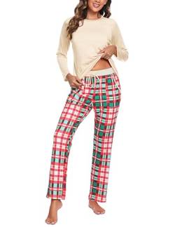 Uniexcosm Schlafanzug Damen Baumwolle Pyjama Set Lang Zweiteiliger Nachtwäsche Raglanärmel Sleepwear und Karierte Pyjamahose Hausanzug Freizeitanzug Stil 1:Aprikose L von Uniexcosm