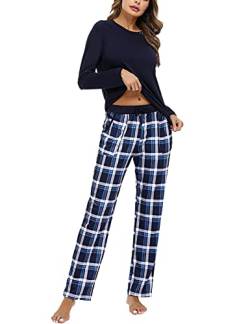 Uniexcosm Schlafanzug Damen Baumwolle Pyjama Set Lang Zweiteiliger Nachtwäsche Raglanärmel Sleepwear und Karierte Pyjamahose Hausanzug Freizeitanzug Stil 1:Marineblau-1 M von Uniexcosm