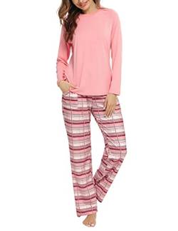 Uniexcosm Schlafanzug Damen Baumwolle Pyjama Set Lang Zweiteiliger Nachtwäsche Raglanärmel Sleepwear und Karierte Pyjamahose Hausanzug Freizeitanzug Stil 1:Orange XL von Uniexcosm