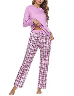 Uniexcosm Schlafanzug Damen Baumwolle Pyjama Set Lang Zweiteiliger Nachtwäsche Raglanärmel Sleepwear und Karierte Pyjamahose Hausanzug Freizeitanzug Stil 1:Rosa-2 XL von Uniexcosm