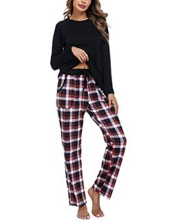 Uniexcosm Schlafanzug Damen Baumwolle Pyjama Set Lang Zweiteiliger Nachtwäsche Raglanärmel Sleepwear und Karierte Pyjamahose Hausanzug Freizeitanzug Stil 1:Schwarz L von Uniexcosm