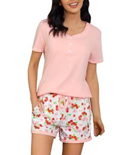 Uniexcosm Schlafanzug Damen Kurz Baumwolle Pyjama Set Kurzarm Nachtwäsche Set Tropisches Druckdesign Zweiteiliger Sleepshirt und Pyjamahose Sleepwear Loungewear Stil 2:Rosa von Uniexcosm