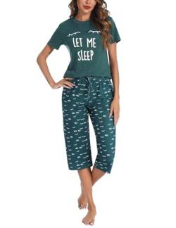 Uniexcosm Schlafanzug Damen Kurz Baumwolle Pyjama Set Zweiteiliger Kurzarm Nachtwäsche Wimperndruck Oberteil und 3/4 Hose Sleepwear A:Dunkelgrün L von Uniexcosm