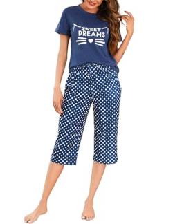 Uniexcosm Schlafanzug Damen Kurz Baumwolle Pyjama Set Zweiteiliger Kurzarm Nachtwäsche Wimperndruck Oberteil und 3/4 Hose Sleepwear A:Marineblau S von Uniexcosm