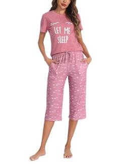 Uniexcosm Schlafanzug Damen Kurz Baumwolle Pyjama Set Zweiteiliger Kurzarm Nachtwäsche Wimperndruck Oberteil und 3/4 Hose Sleepwear A:Rosa L von Uniexcosm