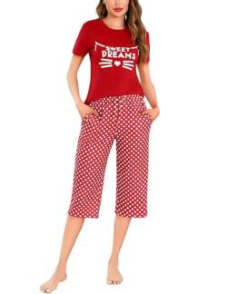 Uniexcosm Schlafanzug Damen Kurz Baumwolle Pyjama Set Zweiteiliger Kurzarm Nachtwäsche Wimperndruck Oberteil und 3/4 Hose Sleepwear A:Rot L von Uniexcosm