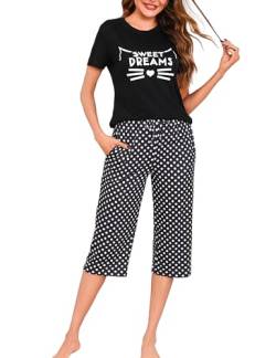 Uniexcosm Schlafanzug Damen Kurz Baumwolle Pyjama Set Zweiteiliger Kurzarm Nachtwäsche Wimperndruck Oberteil und 3/4 Hose Sleepwear A:Schwarz M von Uniexcosm