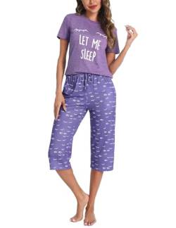 Uniexcosm Schlafanzug Damen Kurz Baumwolle Pyjama Set Zweiteiliger Kurzarm Nachtwäsche Wimperndruck Oberteil und 3/4 Hose Sleepwear A:Violett S von Uniexcosm