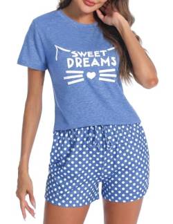 Uniexcosm Schlafanzug Damen Kurz Baumwolle Zweiteiliger Pyjama Set Kurzarm Nachtwäsche Wimperndruck Sleepwear Hausanzug Loungewear Stil 1:Blau-2 XXL von Uniexcosm