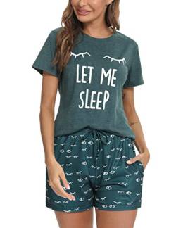 Uniexcosm Schlafanzug Damen Kurz Baumwolle Zweiteiliger Pyjama Set Kurzarm Nachtwäsche Wimperndruck Sleepwear Hausanzug Loungewear Stil 1:Dunkelgrün XXL von Uniexcosm