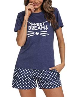 Uniexcosm Schlafanzug Damen Kurz Baumwolle Zweiteiliger Pyjama Set Kurzarm Nachtwäsche Wimperndruck Sleepwear Hausanzug Loungewear Stil 1:Marineblau M von Uniexcosm