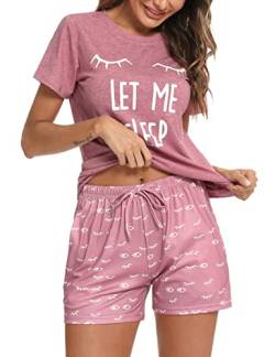 Uniexcosm Schlafanzug Damen Kurz Baumwolle Zweiteiliger Pyjama Set Kurzarm Nachtwäsche Wimperndruck Sleepwear Hausanzug Loungewear Stil 1:Rosa XL von Uniexcosm