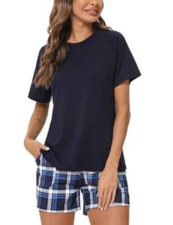 Uniexcosm Schlafanzug Damen Kurz Pyjama Set Baumwolle Zweiteiliger Kurzarm Nachtwäsche Raglanärmel Sleepwear und Karierte Pyjamahose Loungewear Hausanzug Stil 1:Marineblau XL von Uniexcosm