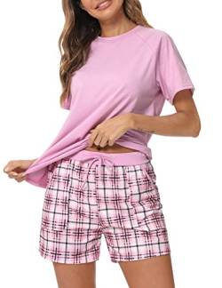 Uniexcosm Schlafanzug Damen Kurz Pyjama Set Baumwolle Zweiteiliger Kurzarm Nachtwäsche Raglanärmel Sleepwear und Karierte Pyjamahose Loungewear Hausanzug Stil 1:Rosa S von Uniexcosm