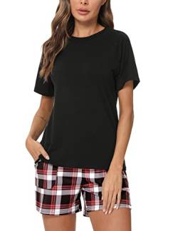 Uniexcosm Schlafanzug Damen Kurz Pyjama Set Baumwolle Zweiteiliger Kurzarm Nachtwäsche Raglanärmel Sleepwear und Karierte Pyjamahose Loungewear Hausanzug Stil 1:Schwarz S von Uniexcosm