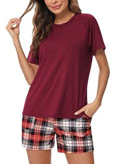 Uniexcosm Schlafanzug Damen Kurz Pyjama Set Baumwolle Zweiteiliger Kurzarm Nachtwäsche Raglanärmel Sleepwear und Karierte Pyjamahose Loungewear Hausanzug Stil 1:Weinrot XXL von Uniexcosm