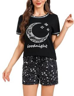 Uniexcosm Schlafanzug Damen Kurz Pyjama Set Baumwolle Zweiteiliger Nachtwäsche Kurzarm Rundhals Sternen und Mondmustern Sleepshirt und Pyjamahose Sleepwear Hausanzug Stil 2:Dunkelgrau XXL von Uniexcosm