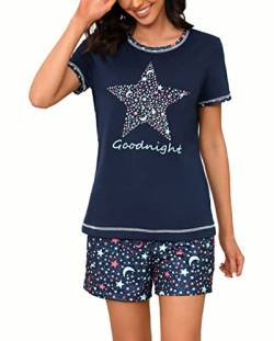 Uniexcosm Schlafanzug Damen Kurz Pyjama Set Baumwolle Zweiteiliger Nachtwäsche Kurzarm Rundhals Sternen und Mondmustern Sleepshirt und Pyjamahose Sleepwear Hausanzug Stil 2:Marineblau M von Uniexcosm