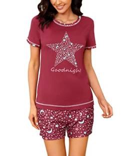 Uniexcosm Schlafanzug Damen Kurz Pyjama Set Baumwolle Zweiteiliger Nachtwäsche Kurzarm Rundhals Sternen und Mondmustern Sleepshirt und Pyjamahose Sleepwear Hausanzug Stil 2:Weinrot L von Uniexcosm