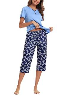 Uniexcosm Schlafanzug Damen Kurz Zweiteiliger Pyjama Set Kurzarm Nachtwäsche Baumwolle Oberteil und 3/4 Hose Sleepwear B:PAT2 M von Uniexcosm