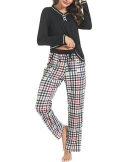 Uniexcosm Schlafanzug Damen Lang Baumwolle Pyjama Set Zweiteiliger Nachtwäsche Set V-Ausschnitt Sleepwear und Karierte Pyjamahose Hausanzug Freizeitanzug Loungewear Stil 2:PAT3 S von Uniexcosm