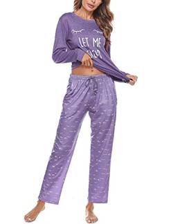 Uniexcosm Schlafanzug Damen Lang Pyjama Set Baumwolle Zweiteiliger Hausanzug Nachtwäsche mit Katzendruck und Polka Dot Schlafanzughose Loungewear Freizeitanzug Stil 2:Lila XL von Uniexcosm