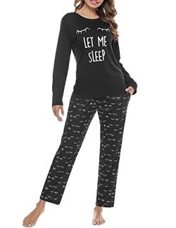 Uniexcosm Schlafanzug Damen Lang Pyjama Set Baumwolle Zweiteiliger Hausanzug Nachtwäsche mit Katzendruck und Polka Dot Schlafanzughose Loungewear Freizeitanzug Stil 2:Pechschwarz S von Uniexcosm