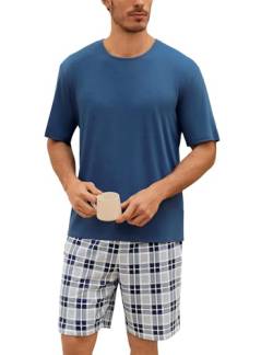 Uniexcosm Schlafanzug Herren Baumwolle Kurz Zweiteiliger Pyjama Set Nachtwäsche Kurzarm Oberteil und Karierte Schlafanzughose Hausanzug Sleepwear A:Blau M von Uniexcosm