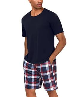 Uniexcosm Schlafanzug Herren Baumwolle Kurz Zweiteiliger Pyjama Set Nachtwäsche Kurzarm Oberteil und Karierte Schlafanzughose Hausanzug Sleepwear A:Dunkelblau L von Uniexcosm