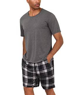 Uniexcosm Schlafanzug Herren Baumwolle Kurz Zweiteiliger Pyjama Set Nachtwäsche Kurzarm Oberteil und Karierte Schlafanzughose Hausanzug Sleepwear A:Dunkelgrau-1 S von Uniexcosm