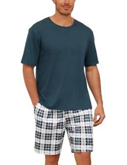 Uniexcosm Schlafanzug Herren Baumwolle Kurz Zweiteiliger Pyjama Set Nachtwäsche Kurzarm Oberteil und Karierte Schlafanzughose Hausanzug Sleepwear A:Grün XL von Uniexcosm