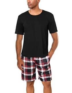 Uniexcosm Schlafanzug Herren Baumwolle Kurz Zweiteiliger Pyjama Set Nachtwäsche Kurzarm Oberteil und Karierte Schlafanzughose Hausanzug Sleepwear A:Schwarz S von Uniexcosm