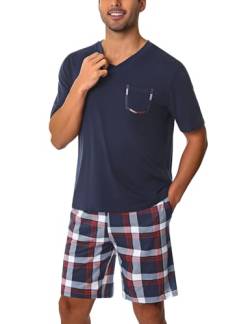 Uniexcosm Schlafanzug Herren Kurz Pyjama Set Baumwolle Zweiteiliger Kurzarm Nachtwäsche Oberteil und Karierte Kurze Hosen Sleepwear für Sommer Dunkelblau M von Uniexcosm