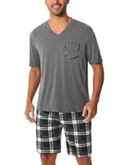 Uniexcosm Schlafanzug Herren Kurz Pyjama Set Baumwolle Zweiteiliger Kurzarm Nachtwäsche Oberteil und Karierte Kurze Hosen Sleepwear für Sommer Dunkelgrau-1 XL von Uniexcosm