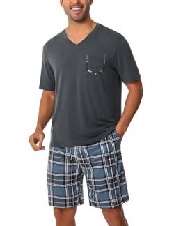 Uniexcosm Schlafanzug Herren Kurz Pyjama Set Baumwolle Zweiteiliger Kurzarm Nachtwäsche Oberteil und Karierte Kurze Hosen Sleepwear für Sommer Dunkelgrau-2 S von Uniexcosm