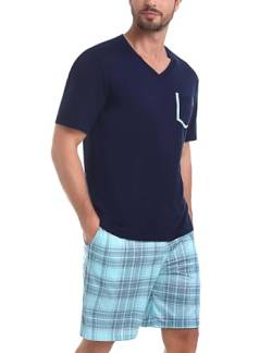 Uniexcosm Schlafanzug Herren Kurz Pyjama Set Baumwolle Zweiteiliger Kurzarm Nachtwäsche Oberteil und Karierte Kurze Hosen Sleepwear für Sommer PAT M von Uniexcosm