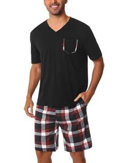 Uniexcosm Schlafanzug Herren Kurz Pyjama Set Baumwolle Zweiteiliger Kurzarm Nachtwäsche Oberteil und Karierte Kurze Hosen Sleepwear für Sommer Schwarz L von Uniexcosm